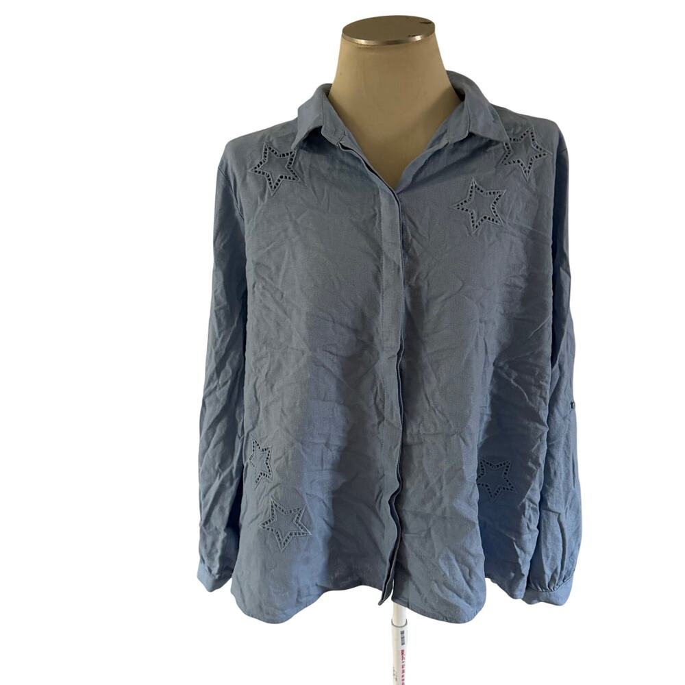Light Blue Star Embroidered Linen Shirt Plus Size XXL Loose Natural Lightweight